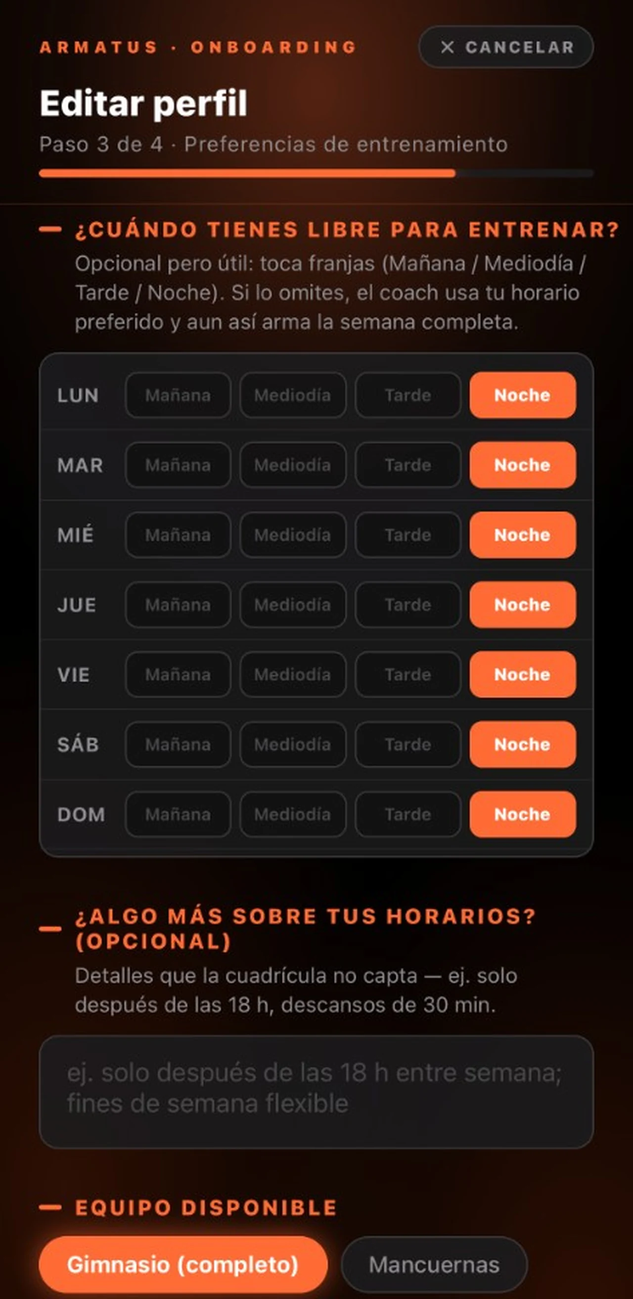 Onboarding: horario