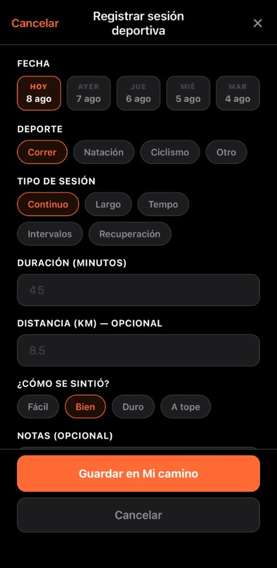 Registrar sesión de deporte en ARMATUS
