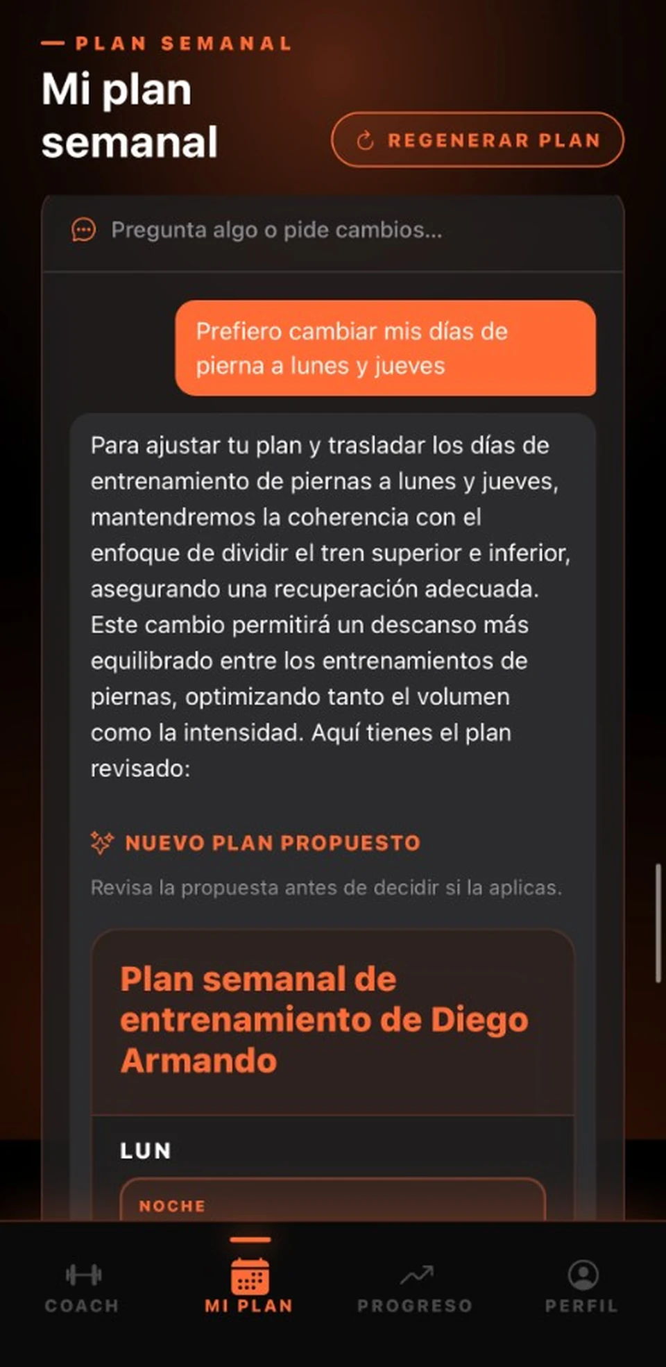Chat para revisar el plan semanal