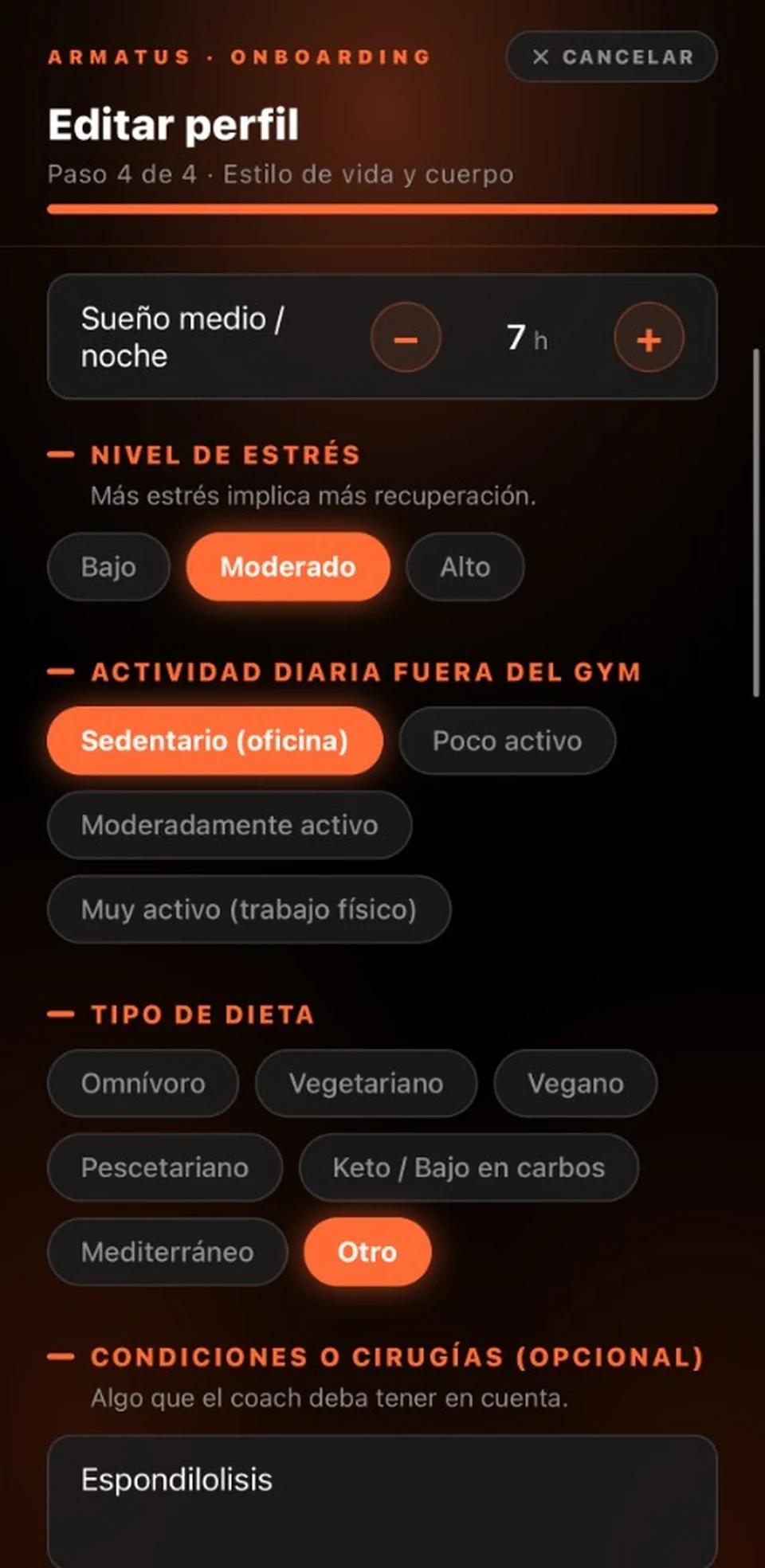 Onboarding: lifestyle, lesiones y deportes