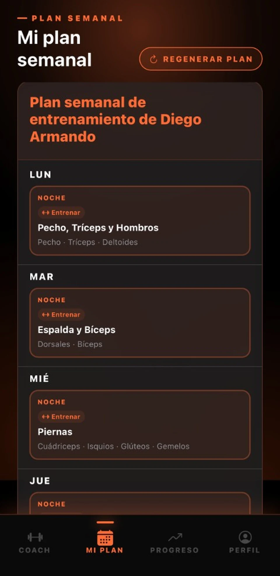 Plan semanal con sesiones por día
